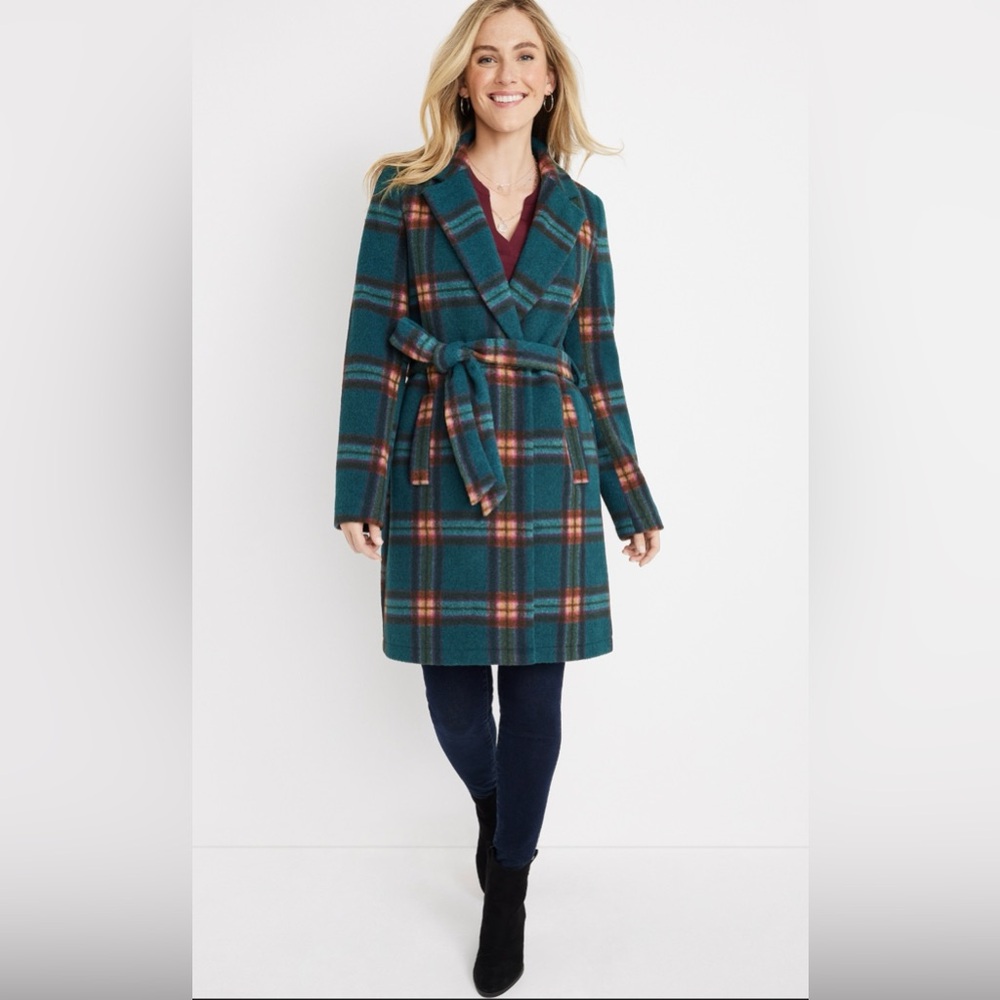 Maurices Teal Plaid Belted Pea Coat
